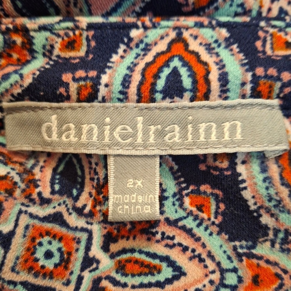 Daniel Rainn Women's 2X Medallion Paisley Split Neck Blouse Navy Orange - Picture 4 of 5